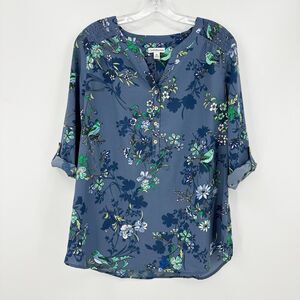 Croft & Barrow Womens Blouse XL Floral Bird Print Roll-Tab Sleeve Spring Summer